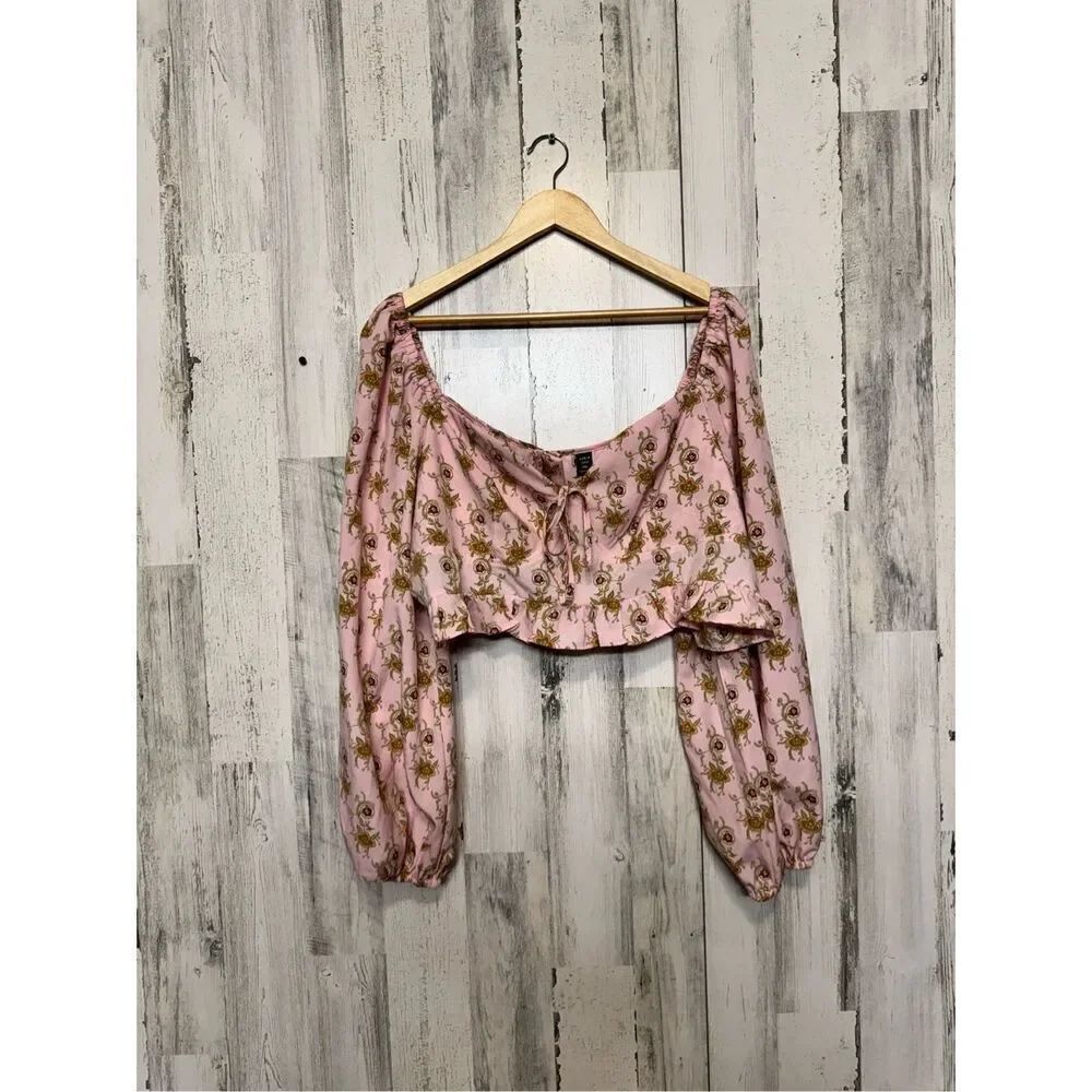 Curve Pink Floral Long Sleeve Crop Top 4XL – Puff Sleeve Boho Peasant Blouse Plu